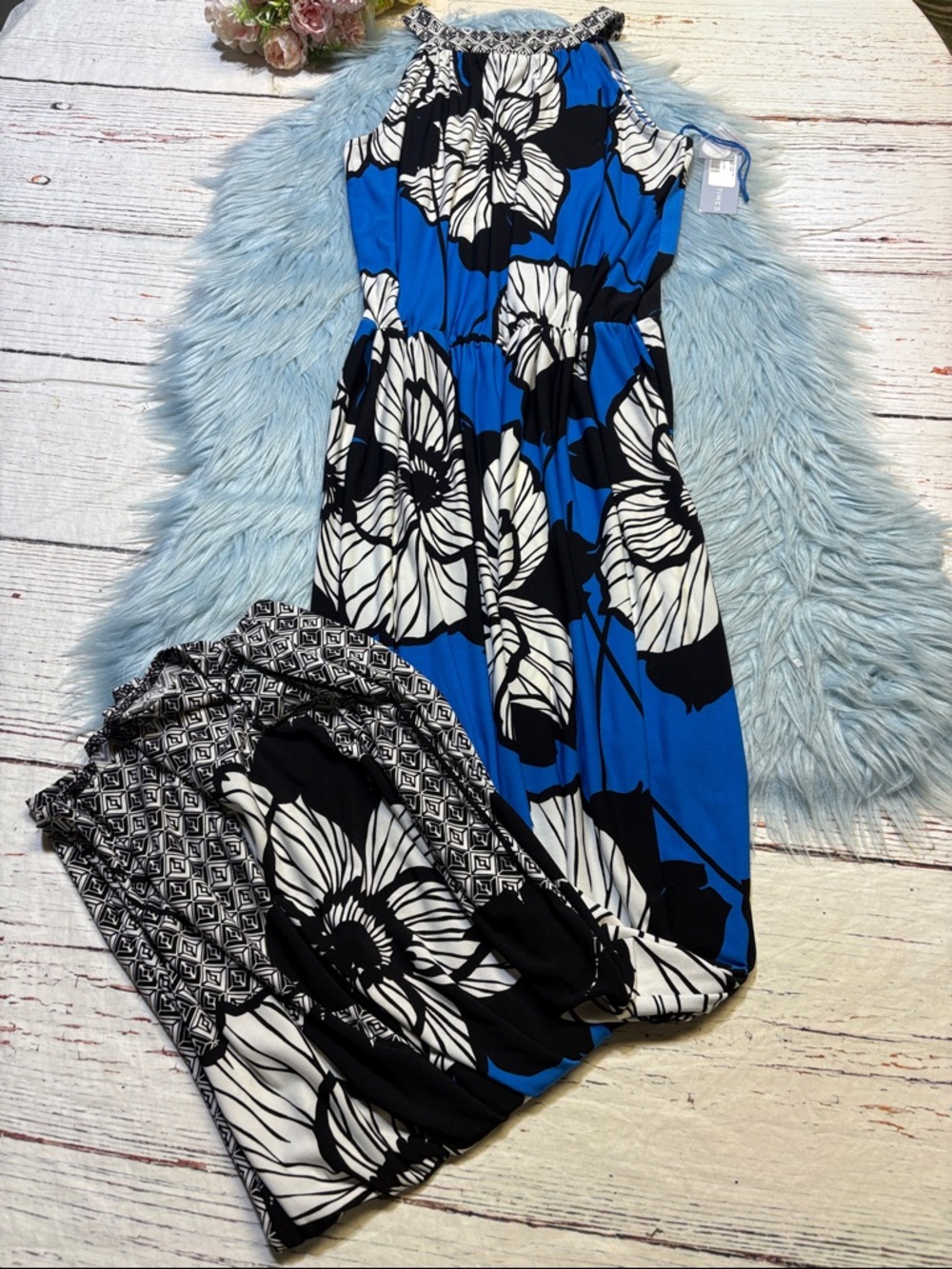 NWT London Times Jersey Blue Maxi Dress with Black & White Geometric Trim Sz 10